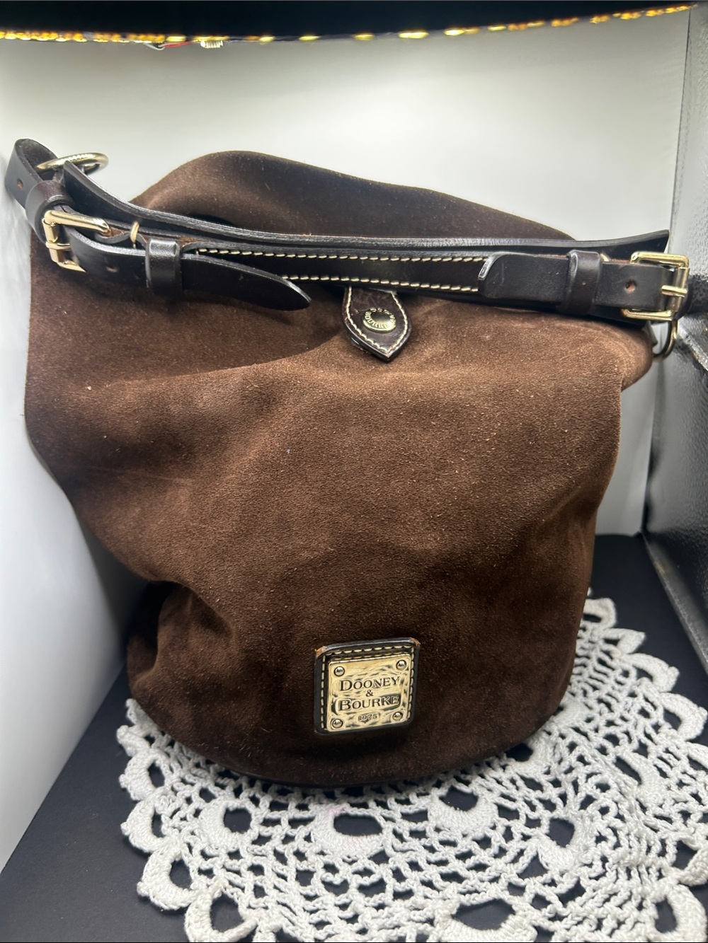 Dooney & Bourke Dark Brown Suede Shoulder Bag with Leather Trim